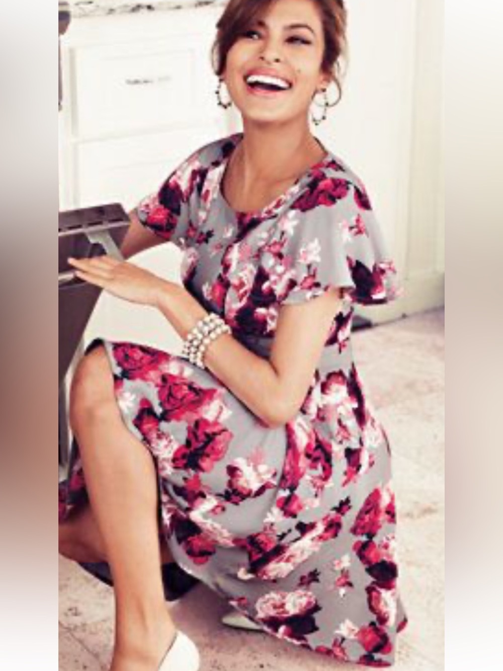 Gray Floral Midi Dress with Pink Rose Print Sz 2